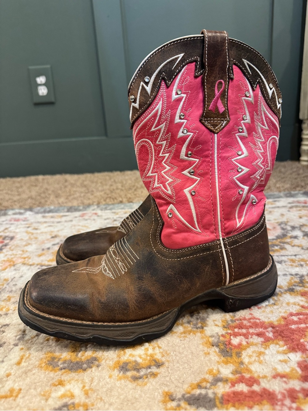 Durango Brown Leather Lace-Up Work Boots with Pink Embroidered Shaft
